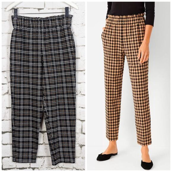ANN TAYLOR Black Plaid Paper Bag Ankle Pants Pockets Small - Picture 1 of 7